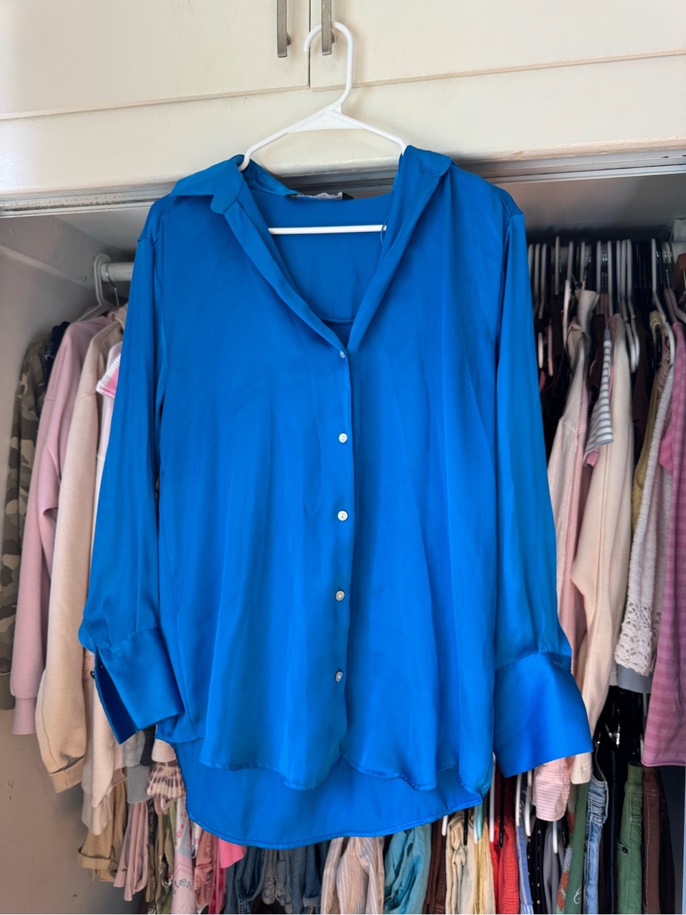 Zara Electric Blue Button-Down Long Sleeve Blouse